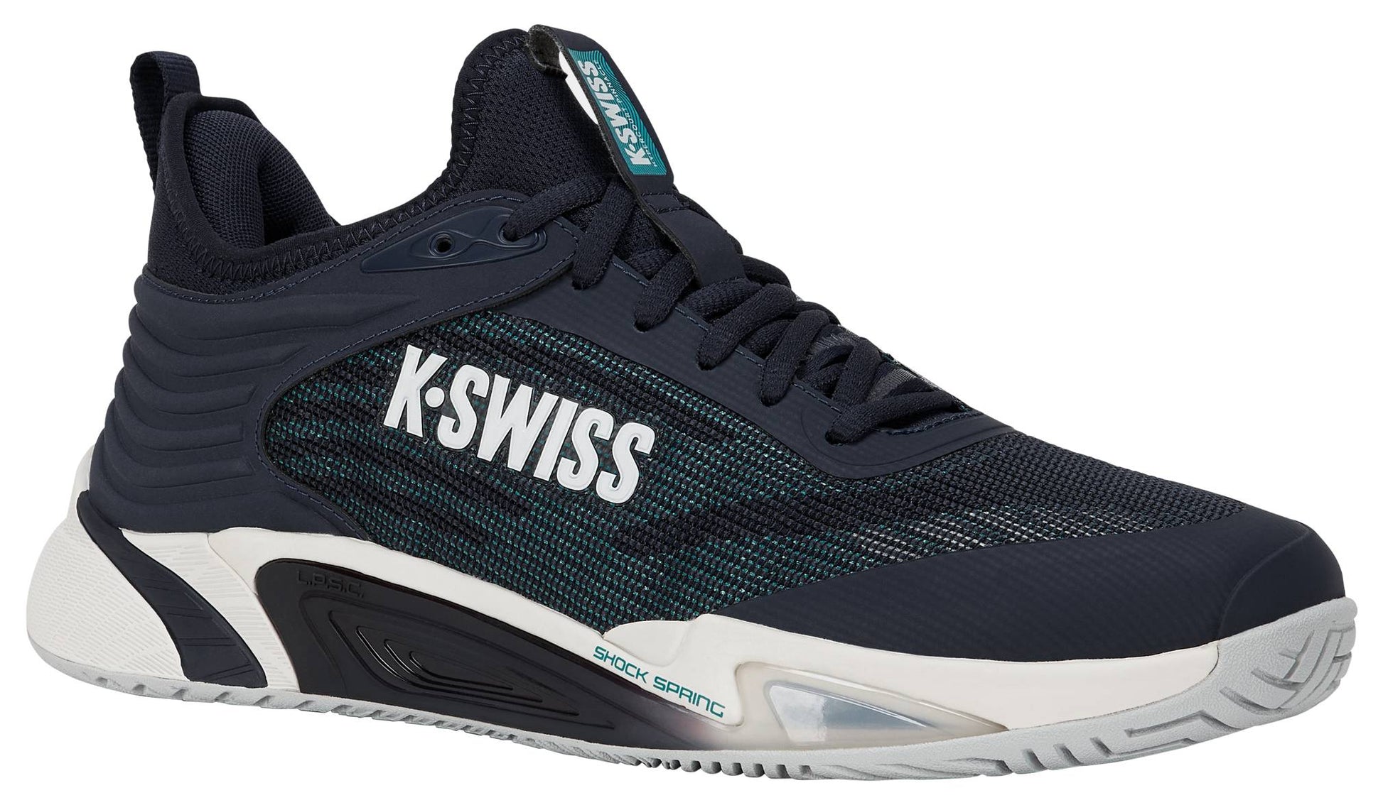A side view of the K-Swiss Hypercourt Pinnacle Men's Tennis Shoes in Carbon, White, and Baltic, featuring a carbon fiber plate for enhanced support, white accents, mesh detailing, and a chunky white and black sole on a white background.