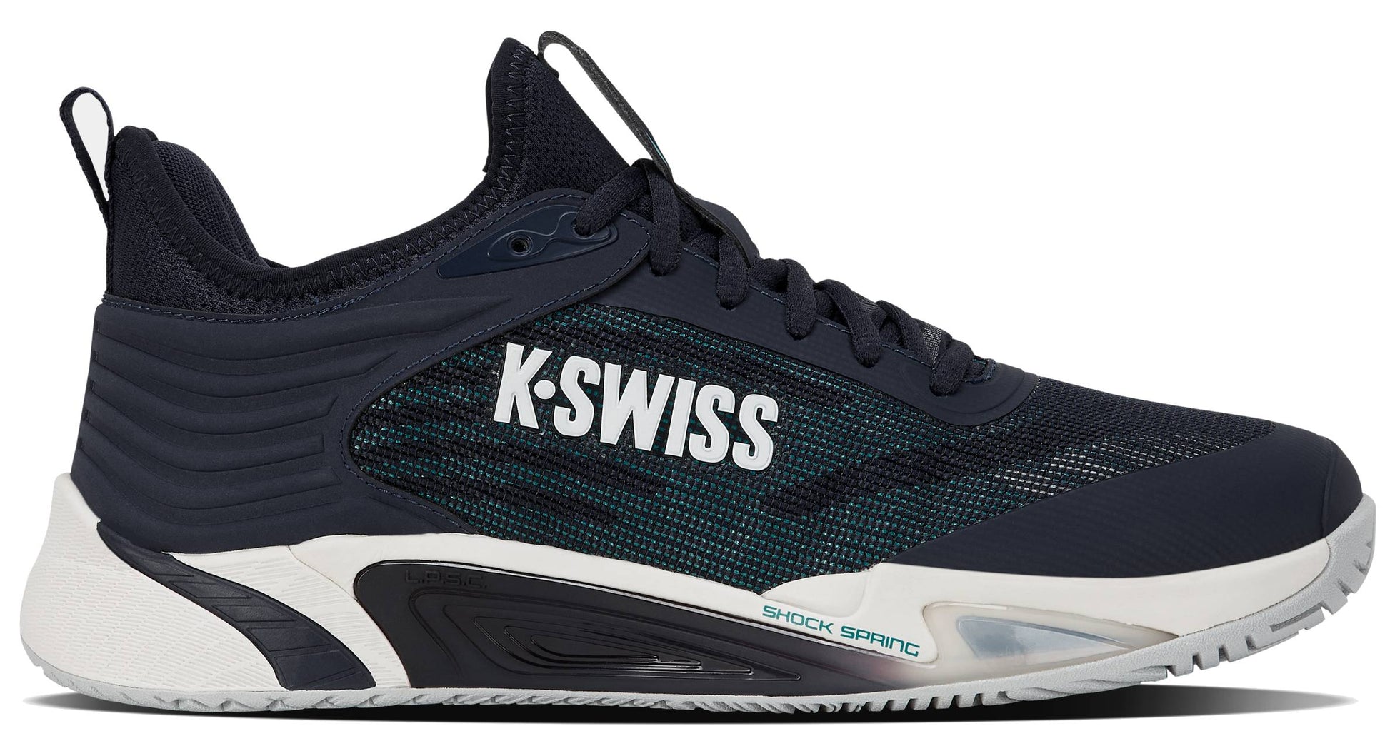 The K-Swiss Hypercourt Pinnacle Men's Tennis Shoes in Carbon, White, and Baltic feature a mesh upper accented with bold K-SWISS lettering on the side. Designed for performance, these athletic shoes are part of the Hypercourt series and include a thick cushioned sole marked "Shock Spring.