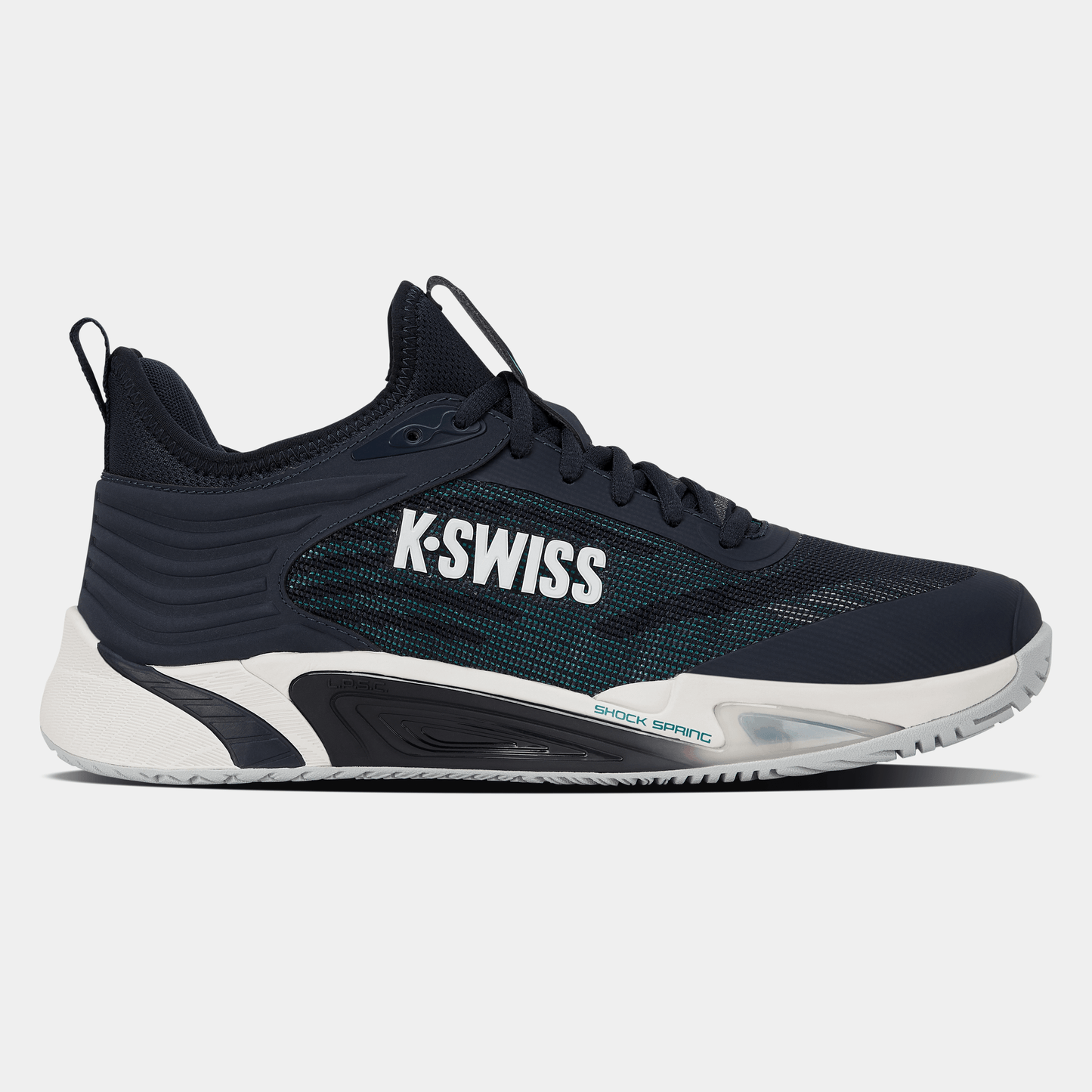 A K-Swiss Hypercourt Pinnacle Men’s tennis shoe in Carbon, White, and Baltic is displayed in a left-side profile view against a plain white background. The shoe features a navy-inspired upper with white K-Swiss logo accents, breathable mesh side paneling, a clean white midsole, and a dark outsole—all combining for a sleek design.