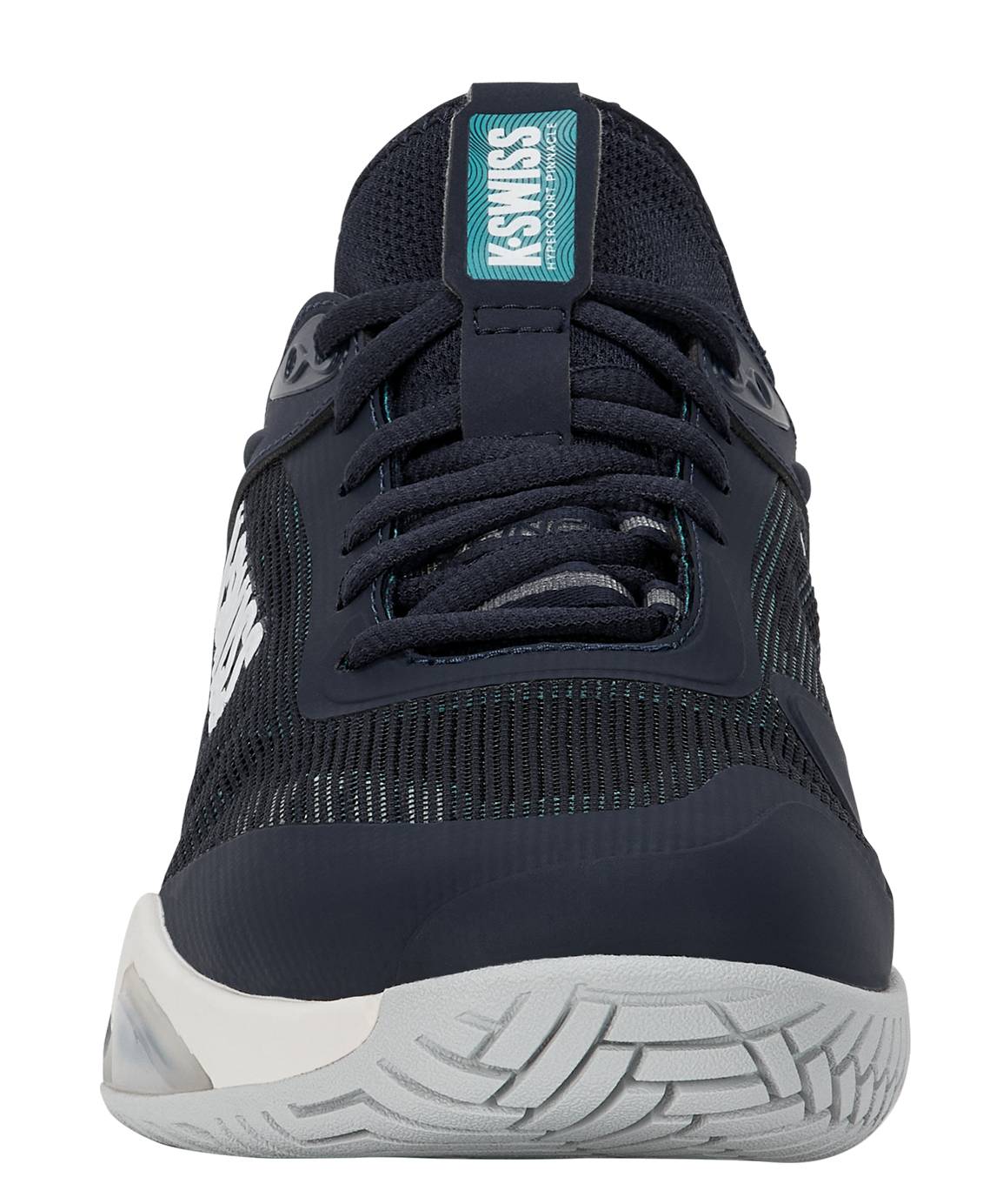 A front view of the K-Swiss Hypercourt Pinnacle Men's Tennis Shoe in Carbon/White/Baltic, showcasing black laces, a white "SWISS" label on the tongue, and a textured white sole with gray accents—expertly engineered for Hypercourt performance and enhanced by a carbon fibre plate for superior support.