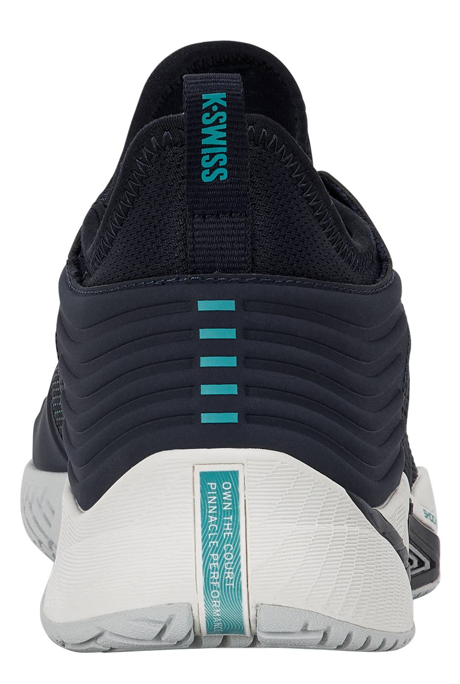 Rear view of a K-Swiss Hypercourt Pinnacle Men's Tennis Shoe in Carbon/White/Baltic, featuring black with teal accents such as a vertical stripe and the brand name on the heel, plus a white textured sole with teal text and a carbon fibre plate for enhanced support.
