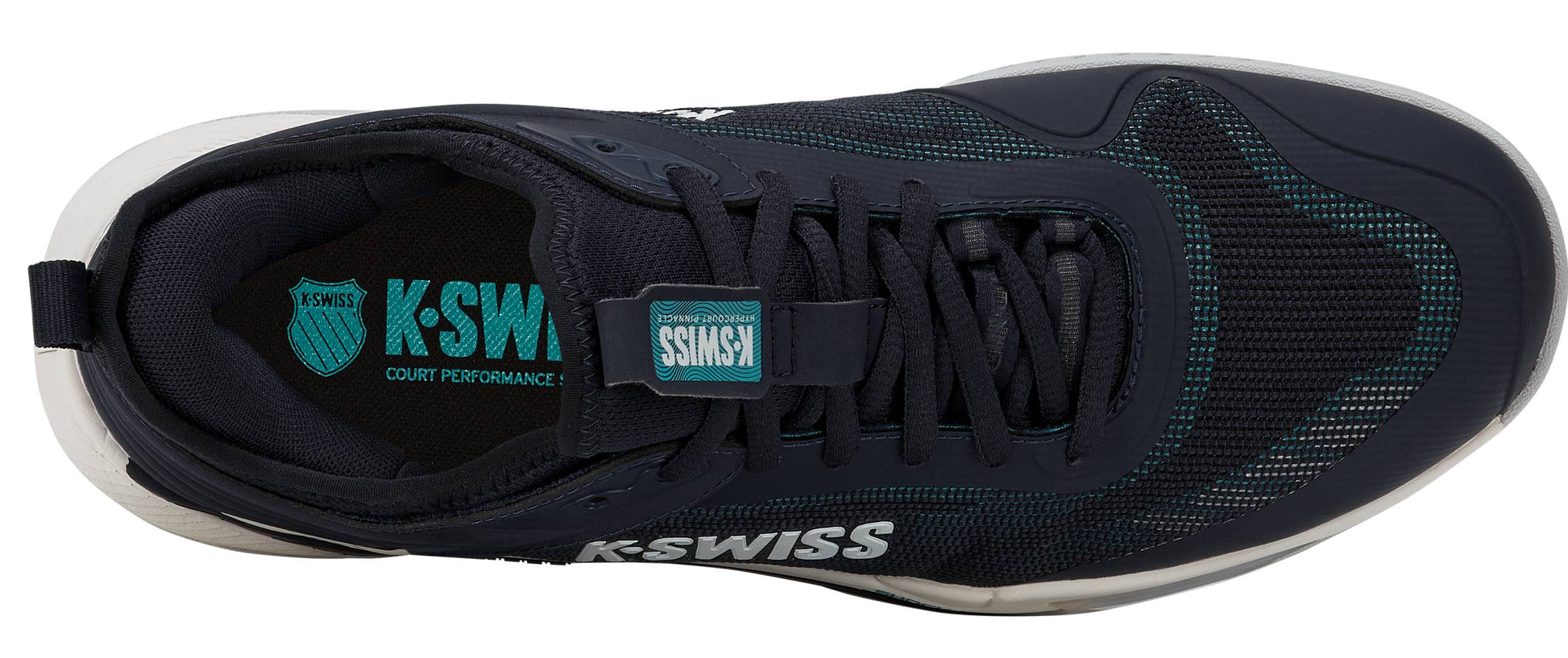 Top view of the K-Swiss Hypercourt Pinnacle Men's Tennis Shoe in Carbon/White/Baltic, featuring black with teal accents, a white K-Swiss logo on the tongue and side, black laces, and a white sole equipped with a carbon fiber plate for enhanced support.