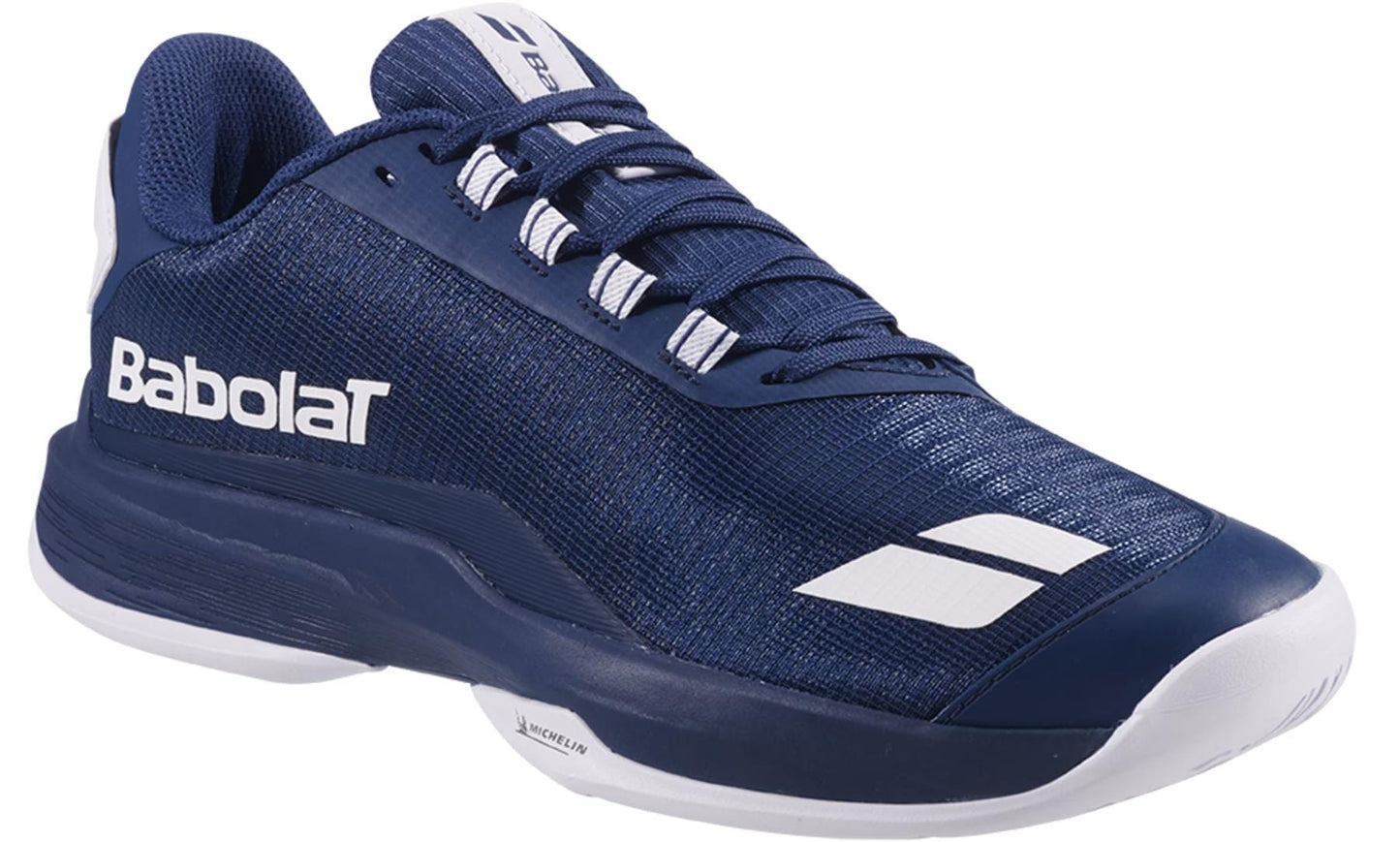 The Babolat Jet Tere 2 Premium All Court Men’s Tennis Shoes in dark blue feature a mesh upper, white accents and logo, a low profile, and a white sole with blue detailing.