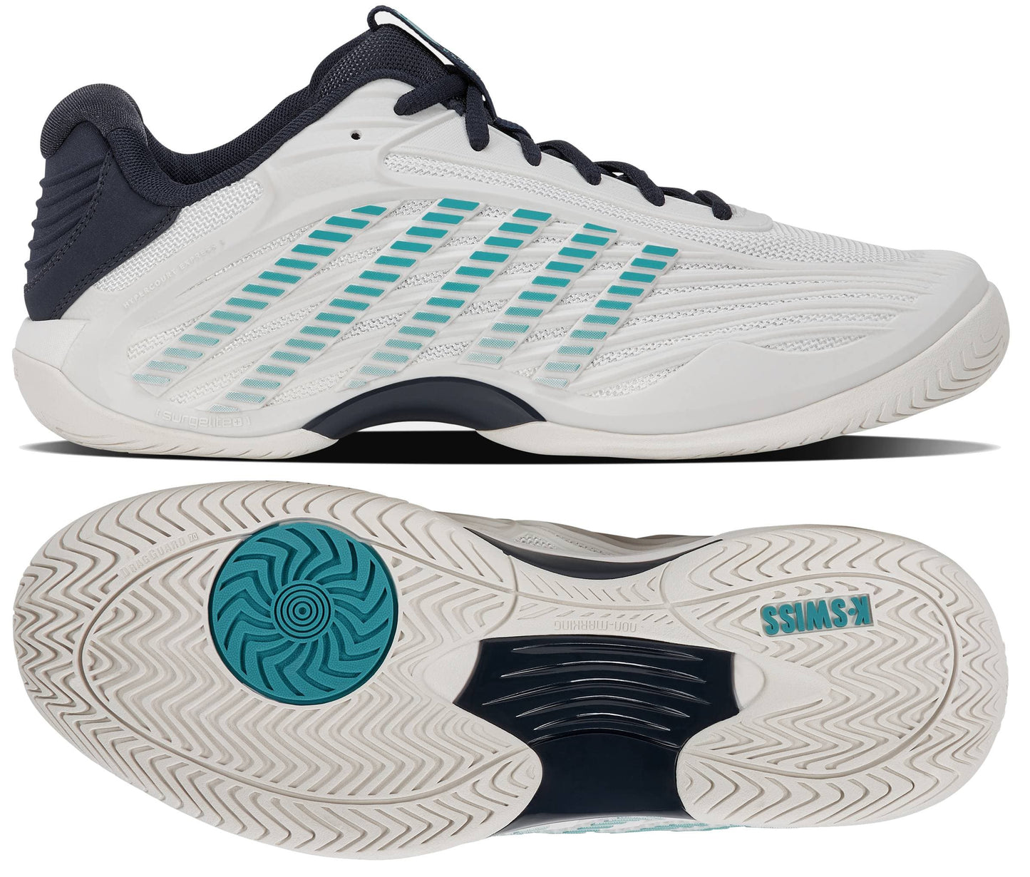 A side and bottom view of the K-Swiss Hypercourt Express 3 Men's Tennis Shoes in White / Carbon / Baltic is shown. The side features the brand’s signature teal (“Baltic”) stripes, while the sole displays textured grip patterns, a teal circular design near the toe, and an advanced Surgelite+ midsole for enhanced comfort.
