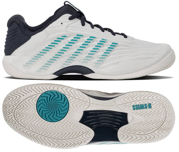 A side and bottom view of the K-Swiss Hypercourt Express 3 Men's Tennis Shoes in White / Carbon / Baltic is shown. The side features the brand’s signature teal (“Baltic”) stripes, while the sole displays textured grip patterns, a teal circular design near the toe, and an advanced Surgelite+ midsole for enhanced comfort.