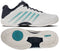 A side and bottom view of the K-Swiss Hypercourt Express 3 Men's Tennis Shoes in White / Carbon / Baltic is shown. The side features the brand’s signature teal (“Baltic”) stripes, while the sole displays textured grip patterns, a teal circular design near the toe, and an advanced Surgelite+ midsole for enhanced comfort.