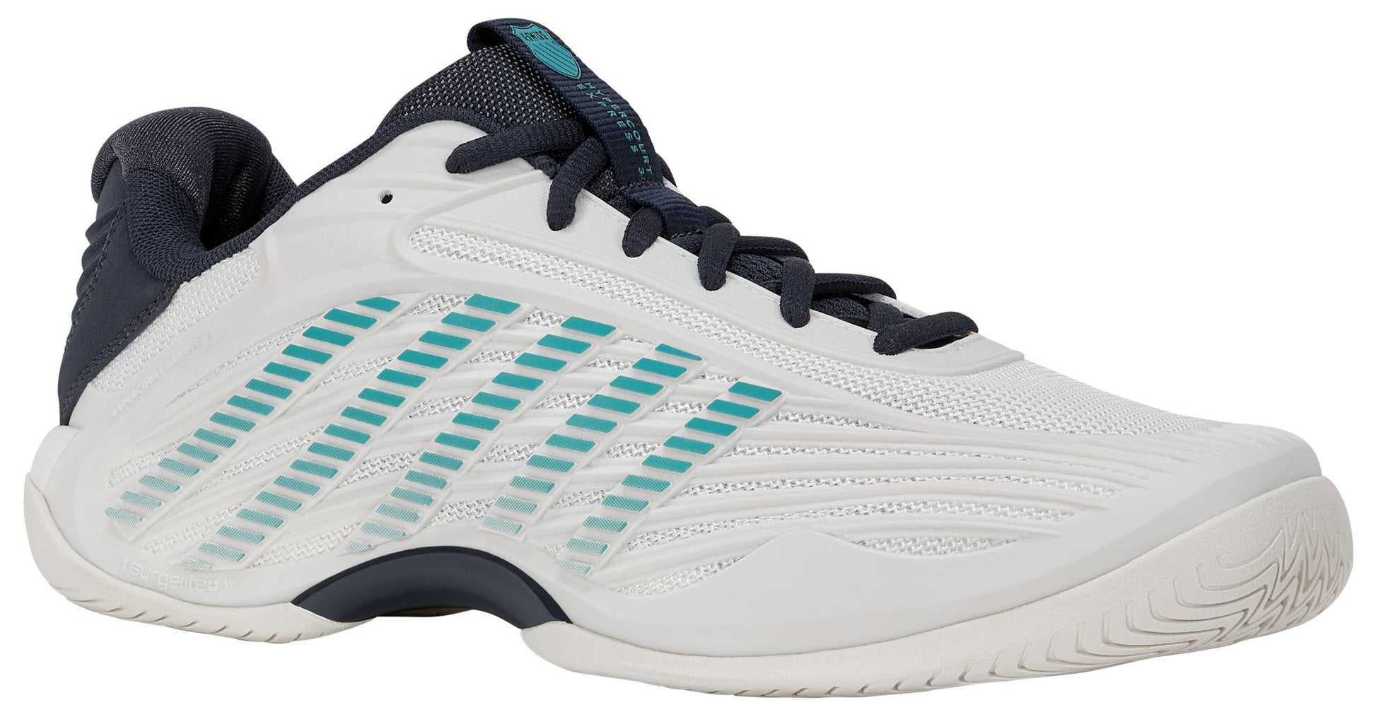 The K-Swiss Hypercourt Express 3 Men’s Tennis Shoes in White, Carbon, and Baltic feature a mesh upper with teal and navy accents, blue diagonal stripes on the side, and a textured sole. Designed for court performance, these shoes include a responsive Surgelite+ Midsole for enhanced comfort. The laces, tongue, and heel area are finished in dark navy.