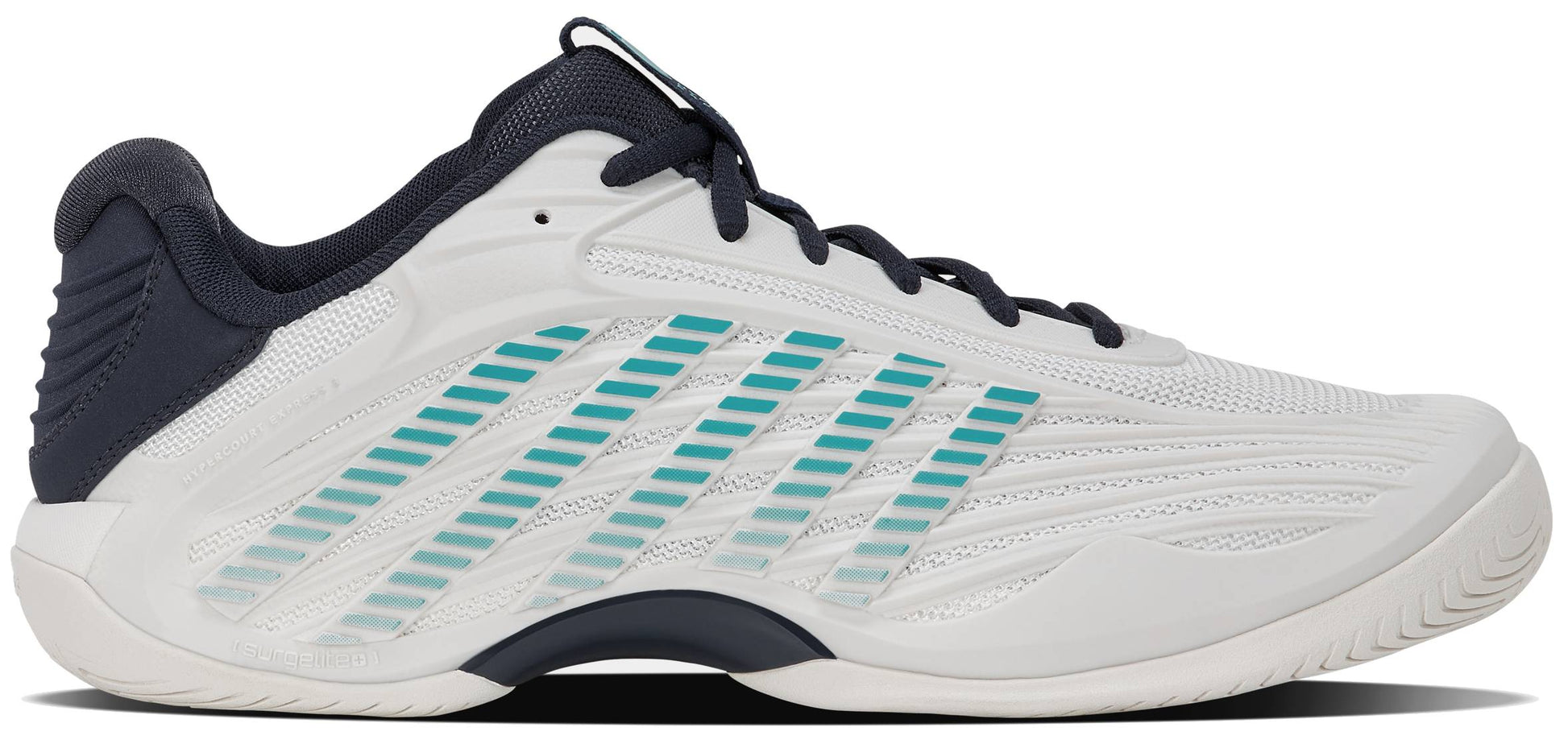 The K-Swiss Hypercourt Express 3 Men's Tennis Shoes in White / Carbon / Baltic feature a white athletic design with black laces and teal-striped side accents, complemented by a textured Surgelite+ midsole for enhanced comfort and black heel detailing. Shown from the side view on a white background, these shoes blend style and performance, taking inspiration from the iconic Hypercourt Express 3.