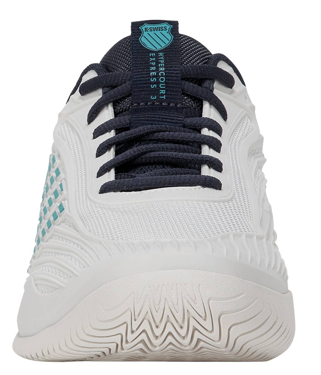 Front view of the K-Swiss Hypercourt Express 3 Men's Tennis Shoe in White, Carbon, and Baltic, showcasing a white athletic design with dark navy laces and accents, a textured sole, and a blue K-Swiss label on the tongue. This shoe features a Surgelite+ midsole for lightweight cushioning and enhanced comfort during play.