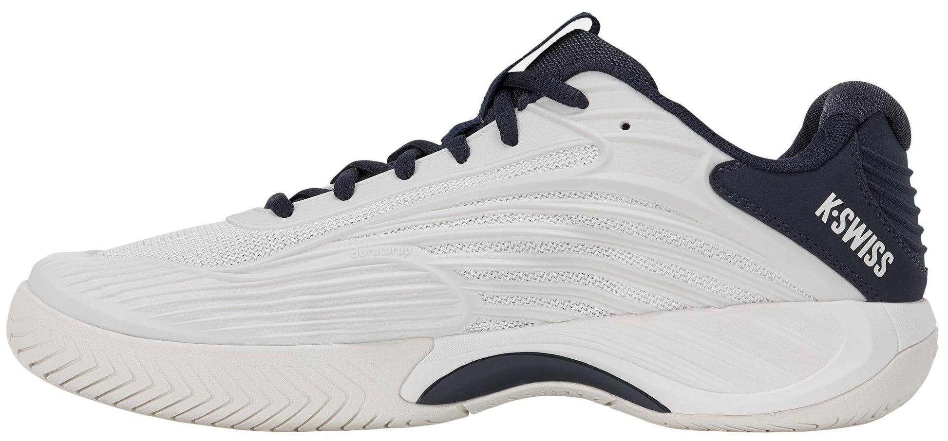 Introducing the K-Swiss Hypercourt Express 3 Men's Tennis Shoes in White, Carbon, and Baltic. This stylish pair features a white upper with black laces, dark carbon-toned heel and sole accents, and a textured side design. Enhanced comfort comes from the Surgelite+ midsole, while the iconic K-Swiss logo appears on the heel.
