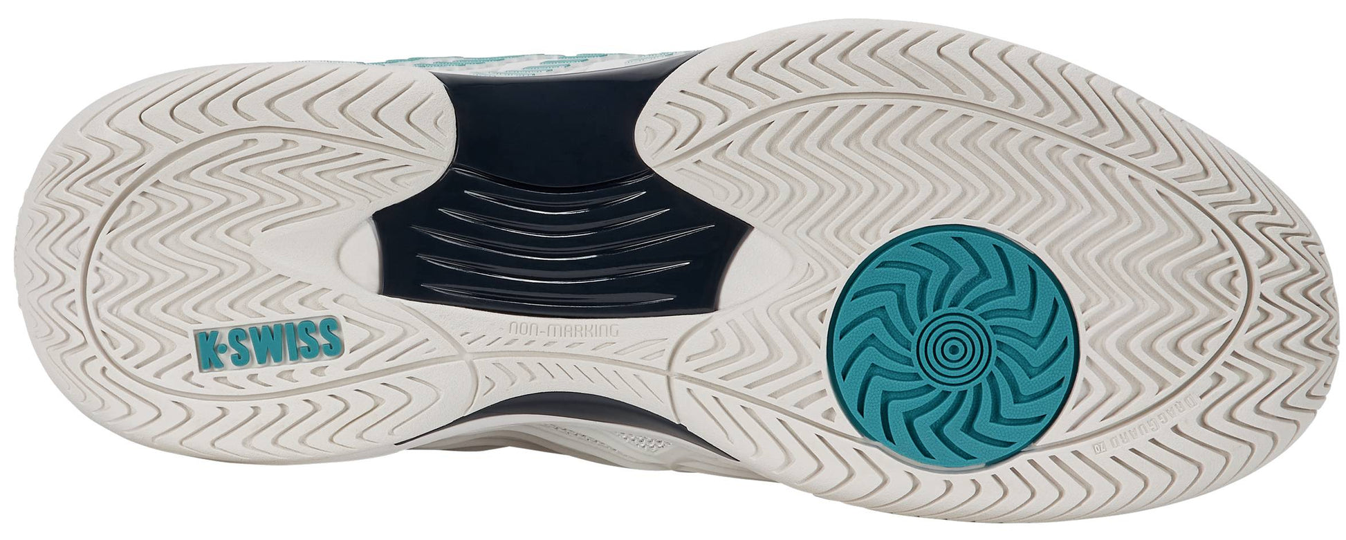 The image displays the white sole of the K-Swiss Hypercourt Express 3 Mens Tennis Shoes in White / Carbon / Baltic, featuring a teal circular grip pattern, teal K-Swiss branding, and a central black ridge. The textured tread design and Surgelite+ midsole by K-Swiss provide enhanced comfort.