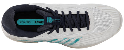 Top view of a K-Swiss Hypercourt Express 3 Men's Tennis Shoe in White, Carbon, and Baltic, featuring black laces, a black interior, and teal K-Swiss branding on the insole and tongue. The shoe is constructed with mesh and synthetic materials and includes a Surgelite+ midsole for enhanced comfort.