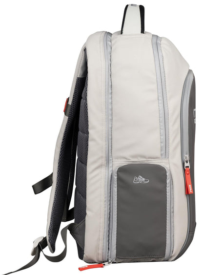 The NOX Pro Pickleball Backpack - Cream by NOX features ergonomic padded straps, a black back panel, red zipper pulls, a small embroidered shoe graphic on the front, and vertical zipper pockets.