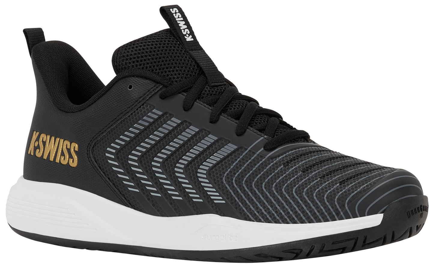 The K-Swiss Ultrashot Light Men's Tennis Shoes in Moonless Night, White, and Gold feature a black mesh upper for breathability, a white sole, and gold K-Swiss branding on the heel. With gray striped accents along the side and a secure lace-up closure, these lightweight court shoes are ideal for tennis players who want both performance and style.