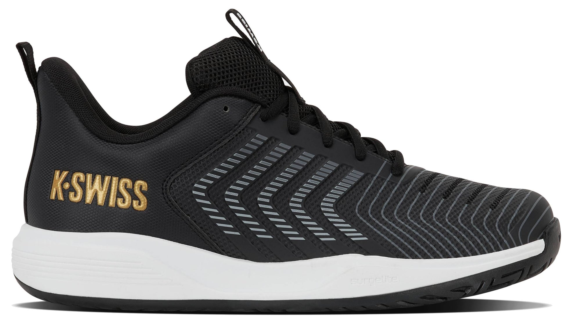 The K-Swiss Ultrashot Light Men's Tennis Shoes in Moonless Night, White, and Gold feature a sleek black design with white accents, a white sole, and gold "K-SWISS" branding on the heel. Built as lightweight court shoes, they offer striped detailing and a breathable mesh upper—making them an excellent choice for tennis players who want both style and performance.