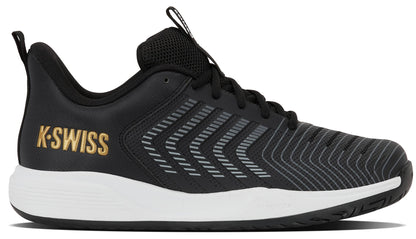 The K-Swiss Ultrashot Light Men's Tennis Shoes in Moonless Night, White, and Gold feature a sleek black design with white accents, a white sole, and gold "K-SWISS" branding on the heel. Built as lightweight court shoes, they offer striped detailing and a breathable mesh upper—making them an excellent choice for tennis players who want both style and performance.