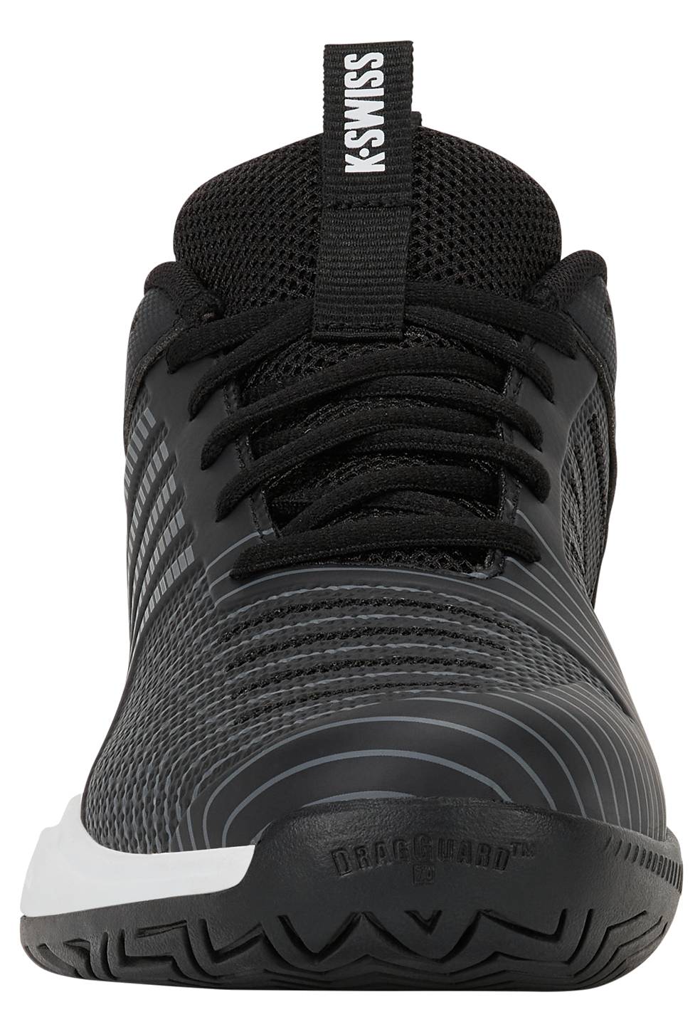 A front-facing view of the K-Swiss Ultrashot Light Men's Tennis Shoe in Moonless Night, White, and Gold showcases its black upper with a white sole, black laces, and “K-SWISS” branding on the tongue against a crisp white background. Engineered for lightweight performance and comfort on the court, this shoe is an excellent option for tennis players.