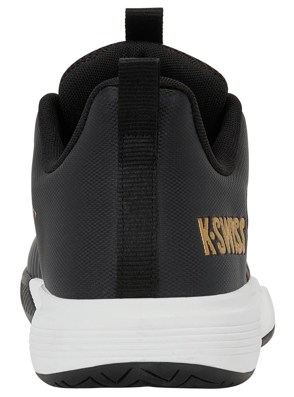 The K-Swiss Ultrashot Light Men's Tennis Shoe in Moonless Night, White, and Gold is seen from the back, highlighting its white sole, black heel loop, and gold "K-SWISS" branding on the side—this lightweight court shoe seamlessly combines classic style with tennis performance.