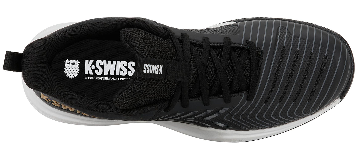 Top view of the K-Swiss Ultrashot Light Men's Tennis Shoe in Moonless Night/White/Gold, featuring a black mesh upper with a white logo and text on the tongue, and a white midsole. This lightweight court shoe demonstrates the high-performance quality associated with K-Swiss premium tennis footwear.