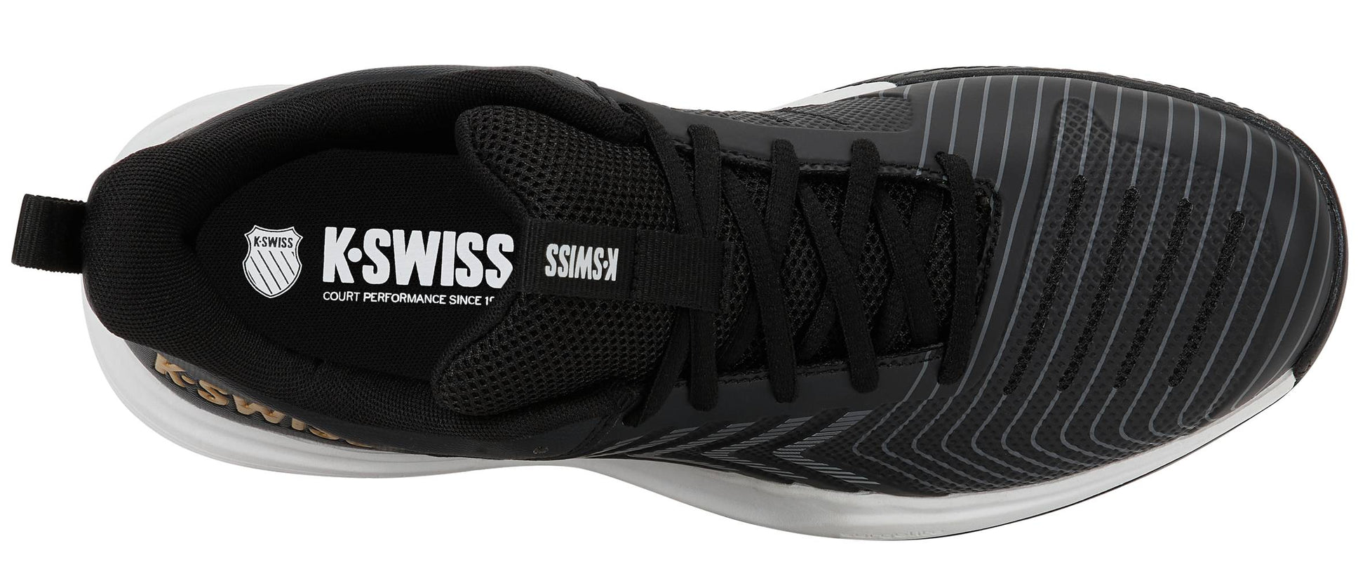 Top view of the K-Swiss Ultrashot Light Men's Tennis Shoe in Moonless Night/White/Gold, featuring a black mesh upper with a white logo and text on the tongue, and a white midsole. This lightweight court shoe demonstrates the high-performance quality associated with K-Swiss premium tennis footwear.