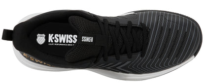 Top view of the K-Swiss Ultrashot Light Men's Tennis Shoe in Moonless Night/White/Gold, featuring a black mesh upper with a white logo and text on the tongue, and a white midsole. This lightweight court shoe demonstrates the high-performance quality associated with K-Swiss premium tennis footwear.