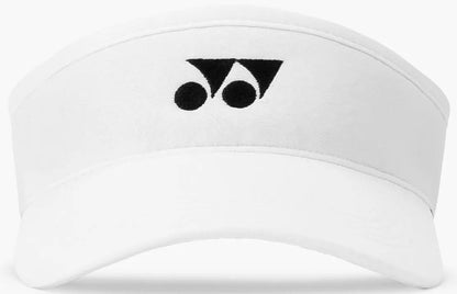 The Yonex 40126EX Tennis Visor in white features a black front logo and offers breathable comfort and style on the court.