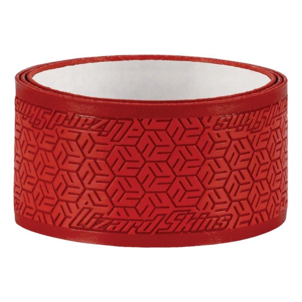 The Lizard Skin DSP Ultra Pickleball Grip 0.8mm in Crimson Red features a geometric texture, embossed branding, and Durasoft Polymer for a non-slip hold.