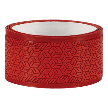 The Lizard Skin DSP Ultra Pickleball Grip 0.8mm in Crimson Red features a geometric texture, embossed branding, and Durasoft Polymer for a non-slip hold.