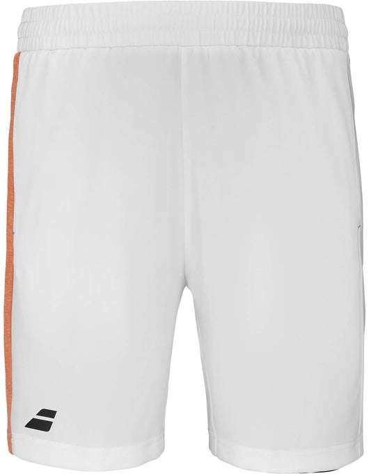 The Babolat Play Men's Tennis Shorts in white feature an elastic waistband, vertical orange stripe, and small black geometric logo. Made from recycled polyester, these shorts offer style and performance for active tennis players.