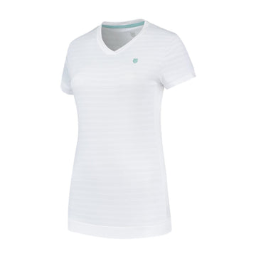 Introducing the K-Swiss Tac Hypercourt Women's V-Neck Tennis Top in White, designed with delicate horizontal stripes and a discreet logo near the left shoulder, all set against a clean white backdrop.