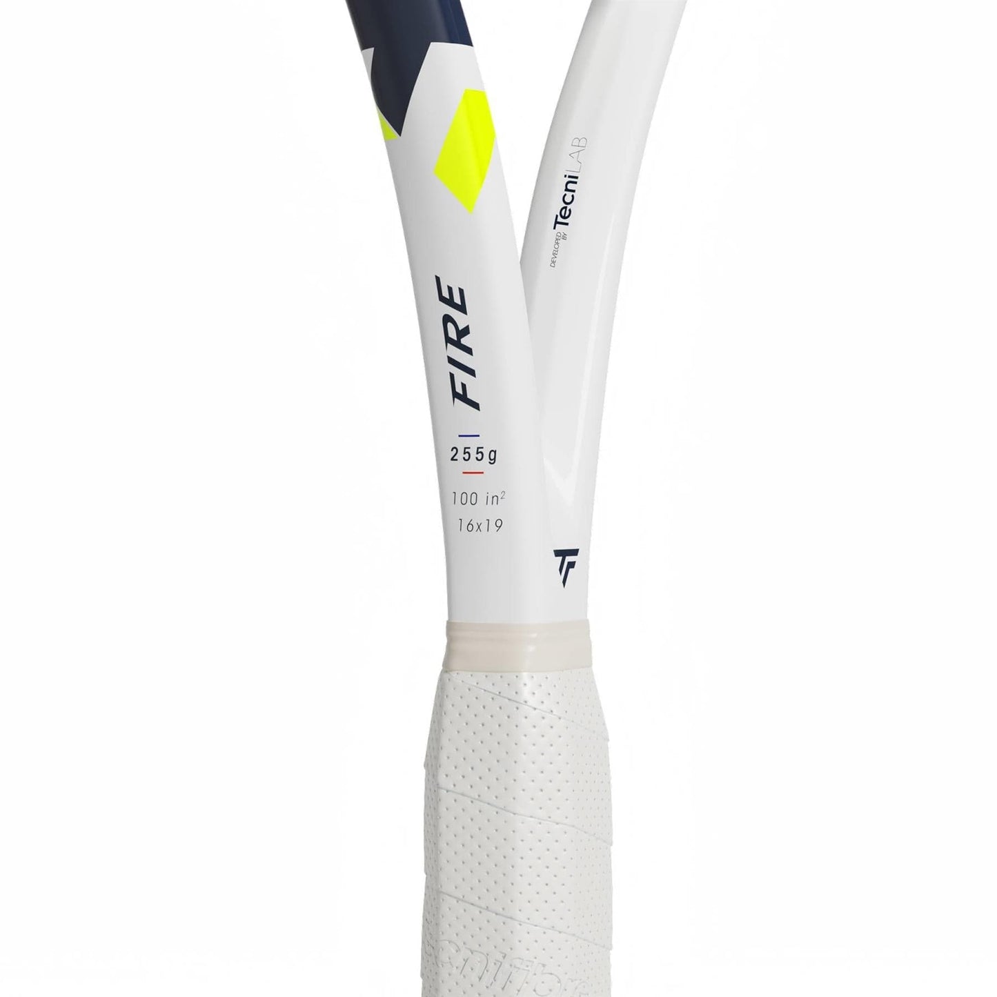 Close-up of two Tecnifibre Fire 255 Tennis Racket handles with textured grips, neon yellow and dark blue accents, "FIRE," "255g," "100 in²," and "16x19" marked, plus advanced vibration dampening technology.