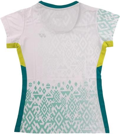 The Yonex YTL11 Womens Tennis T-Shirt in white features teal geometric patterns, yellow accents, and teal side panels. Made from lightweight performance fabric, this fitted shirt offers quick-drying comfort for active play.