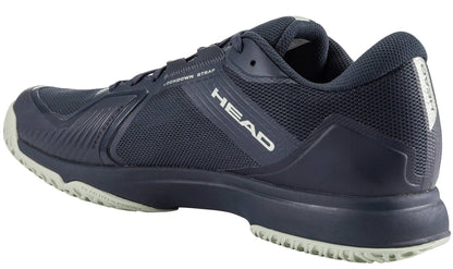 The HEAD Sprint Team 4.0 Men's Tennis Shoes in Navy/Cantaloupe Green feature breathable mesh and synthetic uppers, the HEAD logo on the side and heel, a "LOCKDOWN STRAP" label, and a textured light gray outsole for excellent grip.