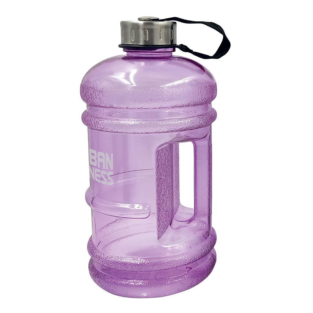 Introducing the Urban Fitness Quench 2.2L Water Bottle in Orchid, a spacious and translucent purple hydration accessory. It features a robust handle and a gray screw-on cap, secured with a black strap. Proudly BPA-free, "Urban Fitness" is stylishly printed on the side.