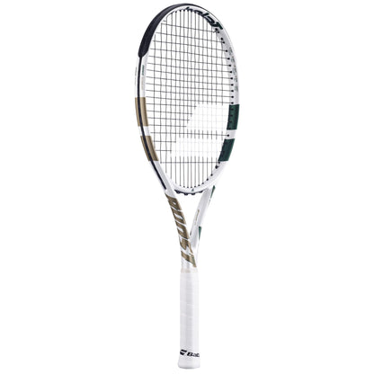 The Babolat Boost Wimbledon 2025 Tennis Racket features a modern graphite composite design with a white frame, champagne green accents, black strings, and a white grip handle, displaying the Babolat logo near the base.