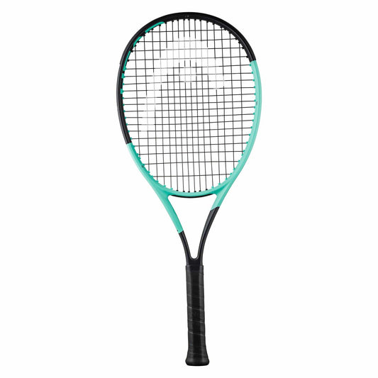 The HEAD Boom Junior 25 2024 Tennis Racket - Black / Mint boasts a black handle paired with a vibrant mint and black frame. Constructed with Graphene Inside, its finely woven strings enhance performance. Displayed against a minimalist white background, this racket incorporates Auxetic 2.0 technology for improved playability.