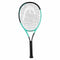 The HEAD Boom Junior 25 2024 Tennis Racket - Black / Mint boasts a black handle paired with a vibrant mint and black frame. Constructed with Graphene Inside, its finely woven strings enhance performance. Displayed against a minimalist white background, this racket incorporates Auxetic 2.0 technology for improved playability.