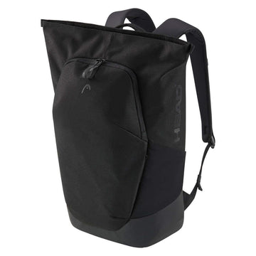 The HEAD Pro X Tennis Backpack 25L - Black features padded shoulder straps, a large front zip pocket, subtle side branding, and a roll-top main compartment, blending urban style with sleek design.