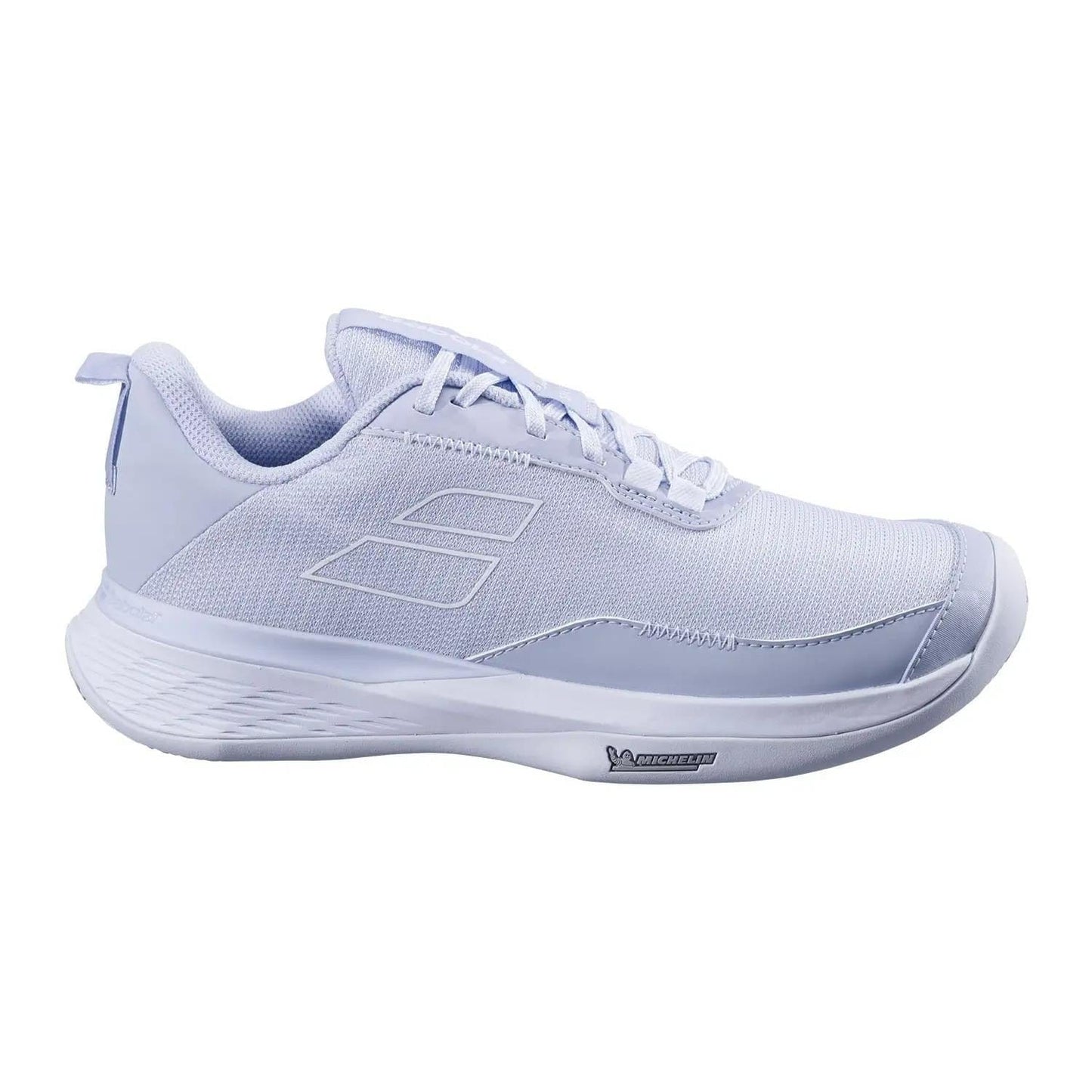 The Babolat SFX Evo Carpet Women’s Tennis Shoes in Xenon Blue/White feature a mesh upper, lace-up closure, and rubber outsole for a wide fit and minimal design—ideal for all-court play. Shown in side profile on a plain white background.