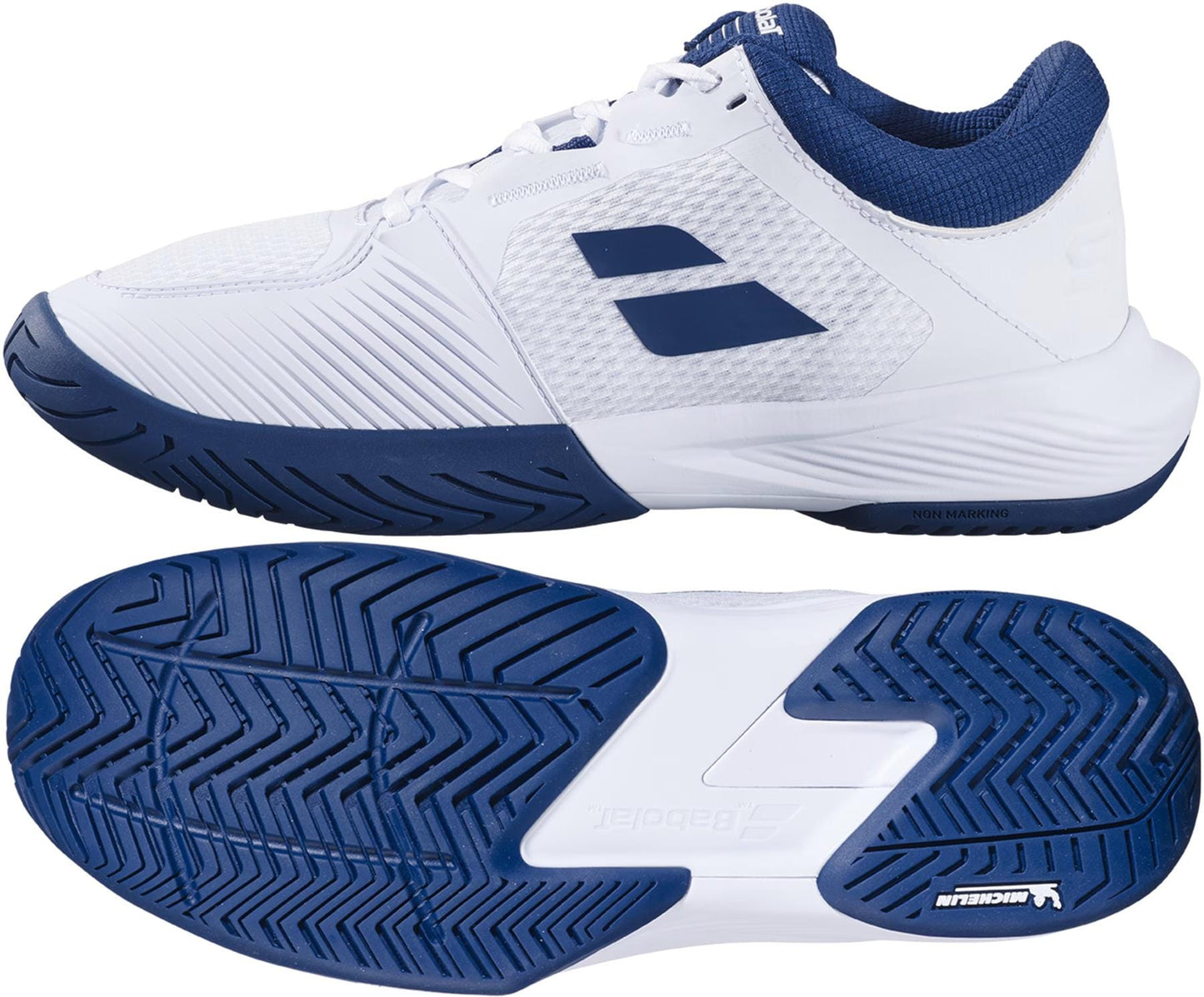 The Babolat SFX 4 All Court Men's Tennis Shoes in White/Estate Blue feature a textured grip sole and a navy blue stylized Babolat logo on the side, shown from both side and bottom views.
