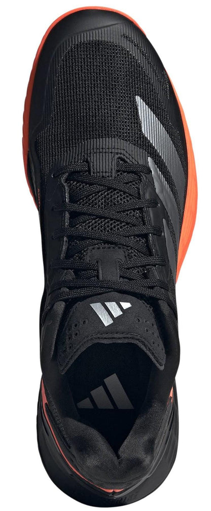 The ADIDAS Defiant Speed 2 Men's Tennis Shoes by adidas are shown from above in black with an orange sole, black laces, a mesh upper, and silver adidas stripes and logos on the tongue and side. Lightweight design built for performance.