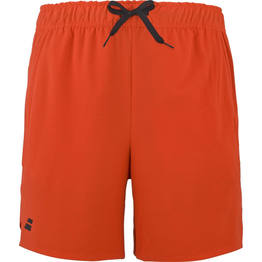 The Babolat Play Men's Tennis Shorts in Cherry Tomato feature an elastic waistband with a black drawstring, a small black logo on the lower left leg, and are made from recycled polyester for a simple, sporty look.