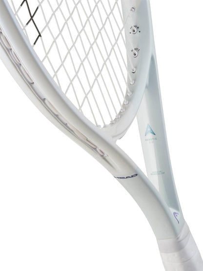 Close-up of the HEAD PWR 110 Tennis Racket highlights its white frame, strings, and "AUXETIC" logo with adjustment markings—ideal for players who value precision.