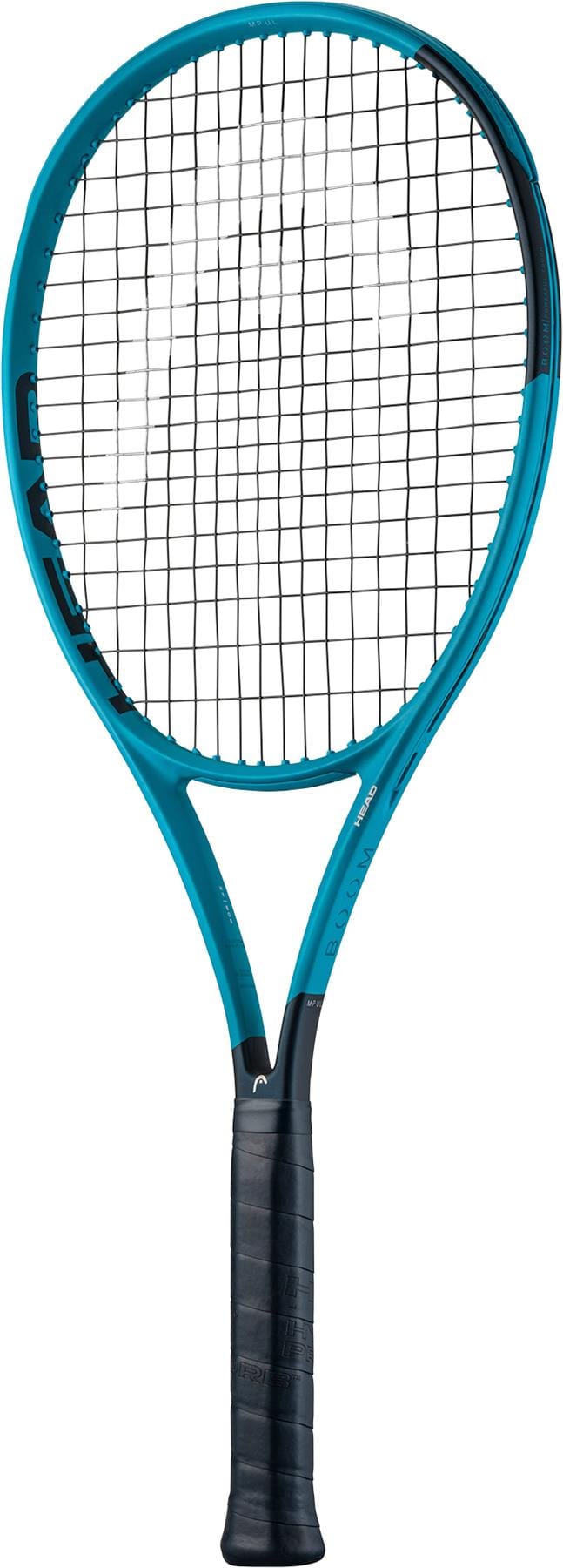 The HEAD Boom MP UL 2026 Tennis Racket by HEAD, shown upright in blue with black strings and grip against a white background, delivers powerful performance and ultra-lightweight feel.