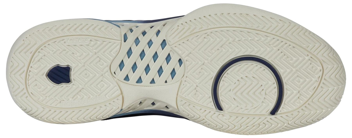 The image shows the sole of the K-Swiss Express Light Men's Pickleball Shoes – Oceana / Forget Me Not, featuring a textured off-white design with blue accents and multiple patterns for grip—great for men seeking durable K-Swiss court shoes.