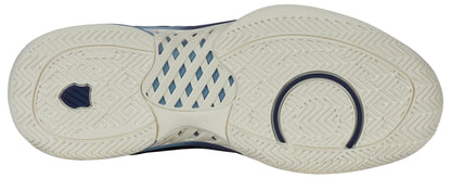 The image shows the sole of the K-Swiss Express Light Men's Pickleball Shoes – Oceana / Forget Me Not, featuring a textured off-white design with blue accents and multiple patterns for grip—great for men seeking durable K-Swiss court shoes.