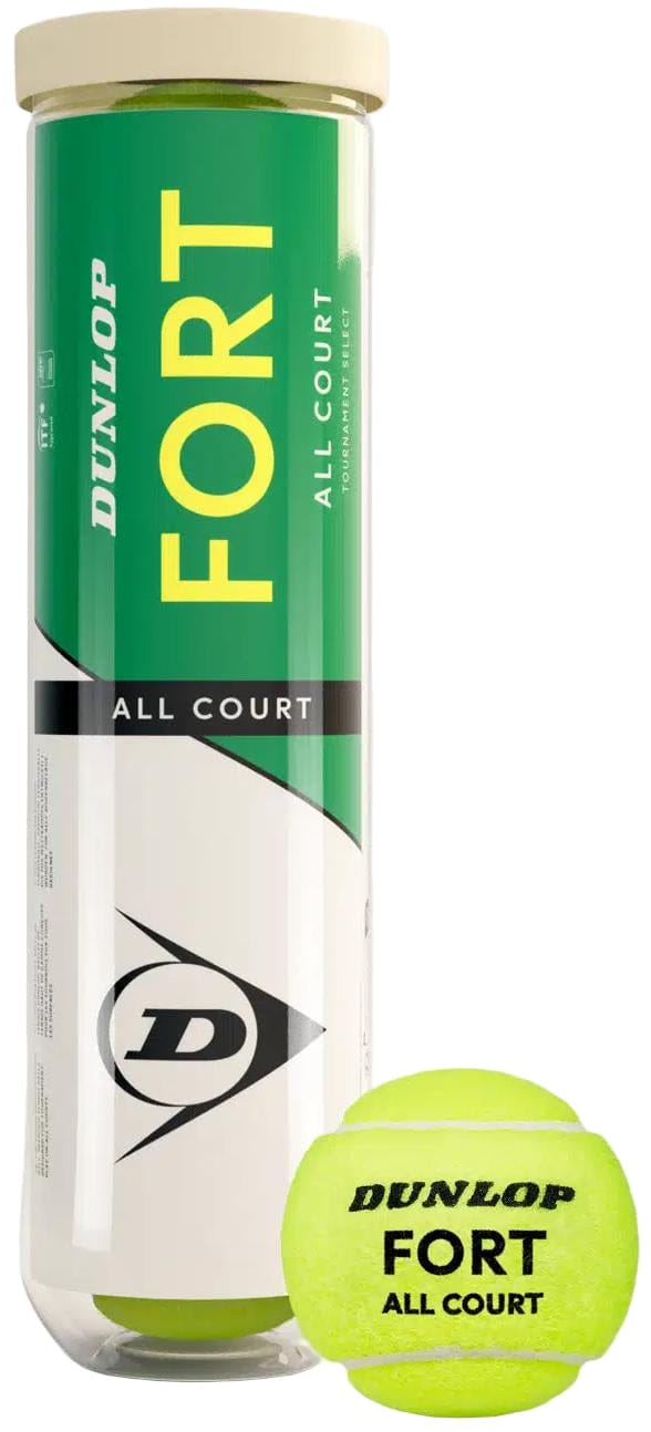 A tube of Dunlop Fort All Court Tennis Balls (4 Ball Tube) with a green and white label stands upright; one yellow ball, made for elite players, is displayed in front. Brand: Dunlop.