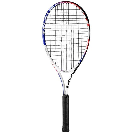 Introducing the Tecnifibre T-Fight Club 25 Junior Tennis Racket, featuring a lightweight white frame and black strings. The red and blue accents add flair, while the black grip ensures comfort—perfect for your tennis journey.