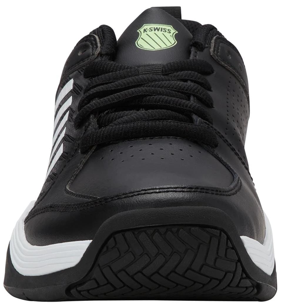 Front view of K-Swiss Express 2 Men's Tennis Shoes in black, white, and soft neon green. Features include black laces, white midsole, textured black outsole, and the K-Swiss logo on the tongue for tennis performance.