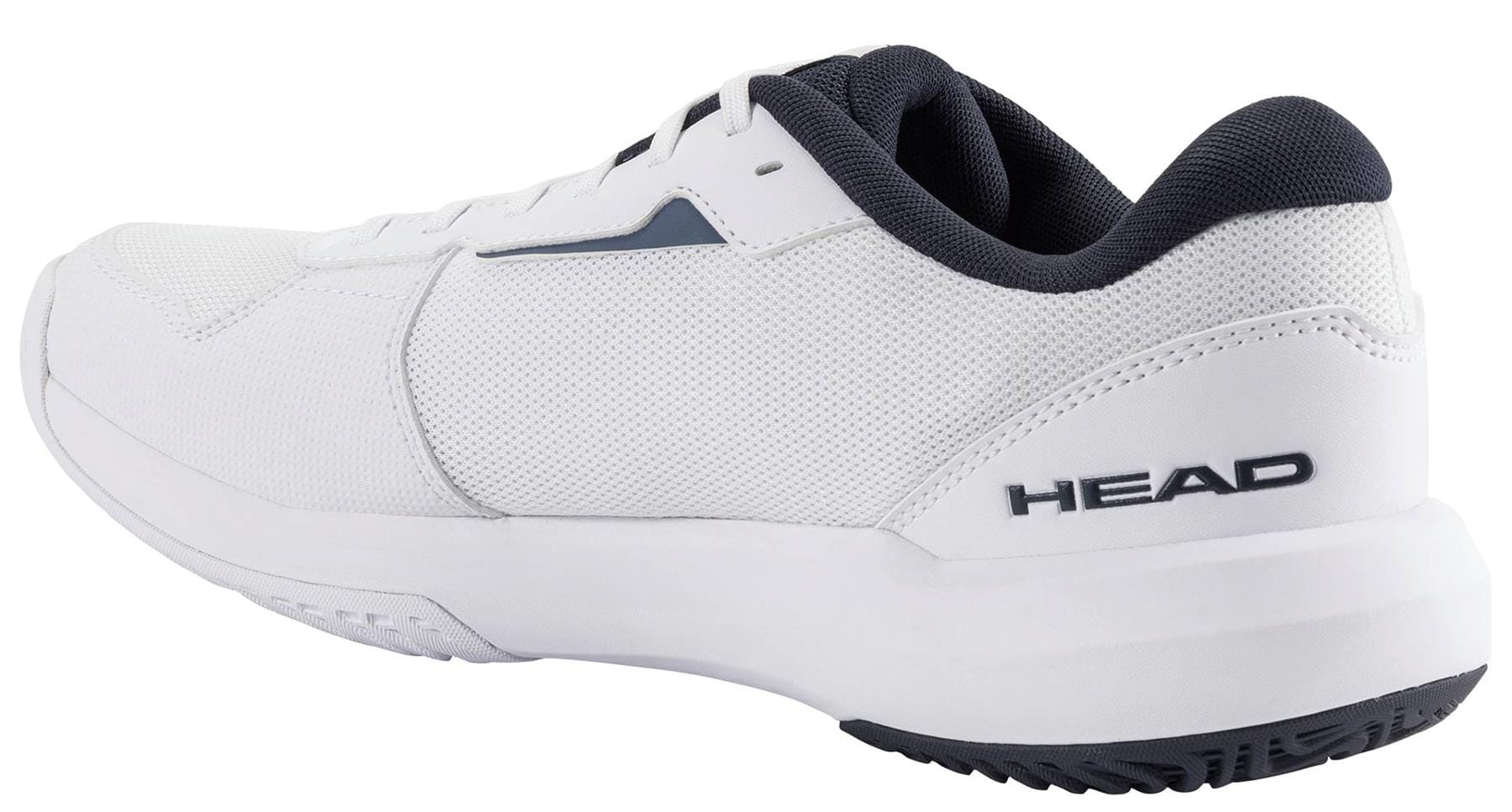 The HEAD Revolt Court 5.0 Men's Tennis Shoes in White/Blueberry feature a white exterior with bold "HEAD" branding and are designed for comfort—ideal for tennis players seeking stylish, reliable footwear.